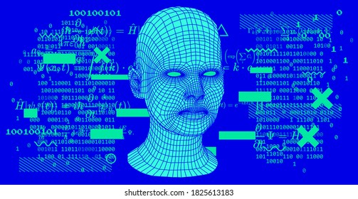 3D human face structure and binary code. Artificial Intelligence and Neural network concept.