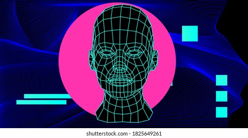 3D human face structure made of grid. Vaporwave and retrowave style illustration like in old arcade video games of 80's.