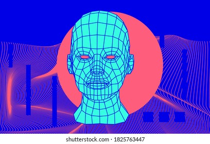 3D human face structure made of grid. Vaporwave and retrowave style illustration like in old arcade video games of 80's.