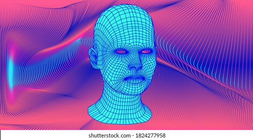 3D human face structure on glitched background. Artificial Intelligence and Neural network concept.