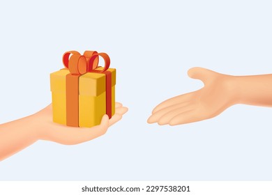 3D Human Hand da a alguien presente. Giftbox pasa de mano en mano. Un amigo comparte regalos presentes o sorpresivos para otra persona. Cumpleaños de celebración o aniversario. Ilustración del vector 3D