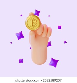 3d Human Hand with Golden Bitcoin Cartoon Design Style Crypto Currency Concept. Vector illustration of Cryptocurrency