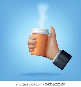 3d Human Hand Holding Coffee Cup Isolated. Render Paper Cup of Coffee Drink. Hot Coffee or Tea in Takeaway Package in Arm. Tea, Cappuccino, Espresso, Americano, Latte. Realistic Vector Illustration