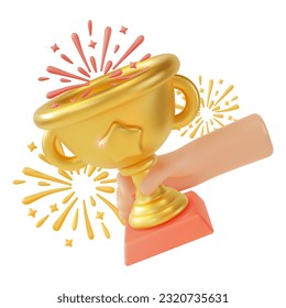 3d Human Hand Holding Cup Prize Award Concept Cartoon Style. Vector illustration of Winner and Trophy
