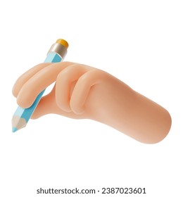 3d Estilo de caricatura de lápiz de mano humana aislado en una escritura de fondo blanco, nota comercial o concepto de estudio. Ilustración del vector