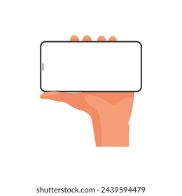 Mano humana 3D que sostiene el smartphone en posición horizontal para leer la ilustración vectorial de la fuente de noticias