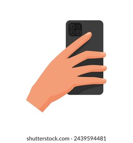 3D human hand holding smartphone, gesture of taking picture with camera vector illustration