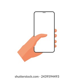 3D human hand holding smartphone, touching blank white screen with thumb vector illustration