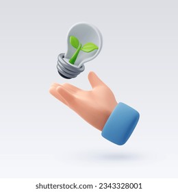 3d human hand receive light bulb with green eco, Energy saving concept. Eps 10 Vector.