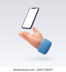 3d human hand receive smartphone mockup, Mobile presentation promotion technology. Eps 10 Vector.