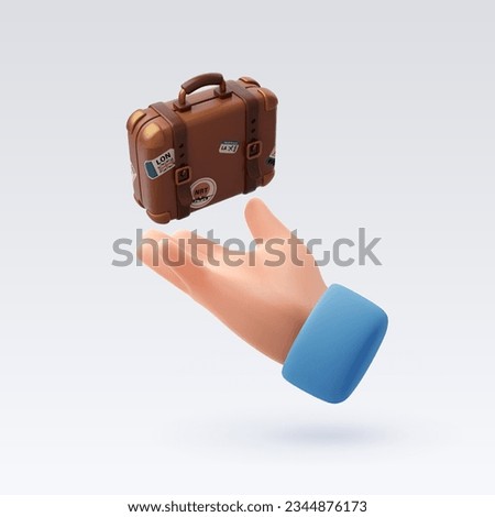 3d human hand receive suitcase with stickers, Back to travel concept. Eps 10 Vector.