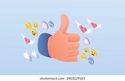 3D Human hand with thumb. Concept of like at social network, success or good feedback.3d handmade.3d goal for technology,online social media usage illustration.