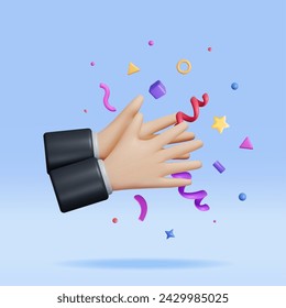 3D Human Hands Clapping Isolated on White. Render Cartoon Applaud Hands. Rubbing or Clapping Gesture Icon. Gesturing, Congratulation, Appreciation or Excitement. Vector Illustration