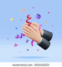 3D Human Hands Clapping Isolated on White. Render Cartoon Applaud Hands. Rubbing or Clapping Gesture Icon. Gesturing, Congratulation, Appreciation or Excitement. Vector Illustration