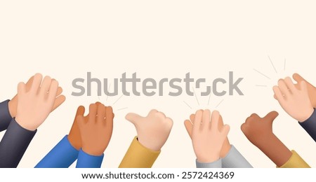 3D Human hands clapping. People crowd applaud to congratulate success job. Hand thumbs up. Business team cheering and ovation 3D render vector Illustration support celebration, appreciation friendship
