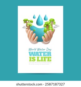 3D human hands holding a planet with trees and water drops. Vector illustration of a flyer for world water day. Caring for the environment. Cartoon style. Poster with shadow on a blue background.