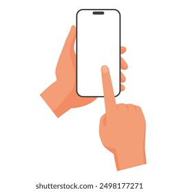 3D human hands holding smartphone to touch blank white screen with index finger vector illustration