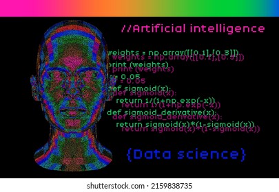 3D human head made of colorful particles on the dark background with random pseudocode of a neural network algorithm.