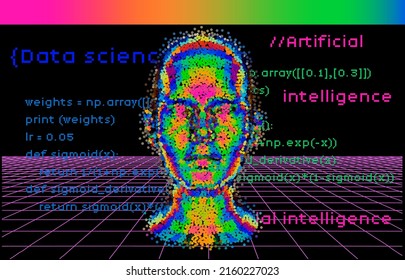 3D human head made of colorful particles on the dark background with random pseudocode of a neural network algorithm.