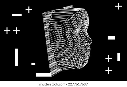 Cabeza 3D humana hecha de malla poligonal. Concepto de sistemas de reconocimiento facial y biometría.
