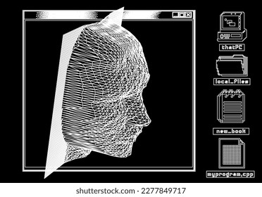 3D human head made of a polygonal mesh. Concept of a facial recognition systems and biometrics.