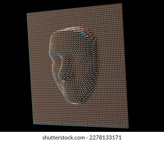 Cabeza 3D humana hecha de malla poligonal. Concepto de sistemas de reconocimiento facial y biometría.