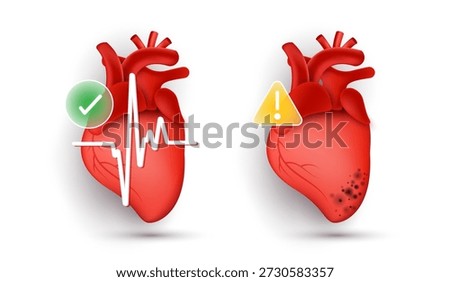3D human heart anatomy set. Healthy heart with ecg heartbeat versus diseased heart with warning sign. Cardiology, health care, and medical diagnosis concept. 3D vector illustration.