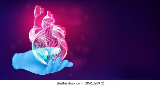 3D Human Heart Silhouette On A Doctor's Hand In A Blue Rubber Glove. Anatomical Medical Concept With The Wireframe Of A Human Organ On Abstract Background. Vector Illustration In Neon Lineart Style