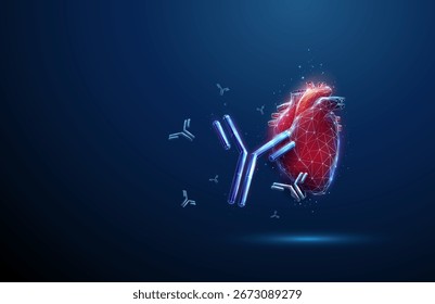 Corazón humano en 3D rodeado de anticuerpos voladores. Respuesta autoinmune, enfermedad autoinmune, inmunidad cardíaca, análisis médico, concepto de biotecnología. Estilo futurista digital de baja poli, Vector de estructura metálica.