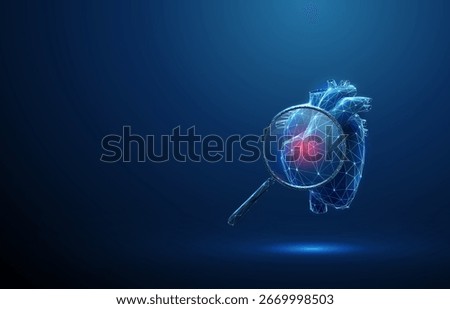 3d human heart under magnifying glass with red spot inside. Cardiac diagnostics, disease detection, inflammation identification, medical analysis concept. Low poly digital futuristic style. Vector.