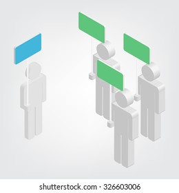 3d a human holding blue sign and three human holding green sign, vector