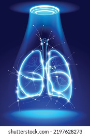 3D human lung illustration made up of glowing white curves on a blue background with glowing dots representing medical technology. Used in medical and commercial applications.