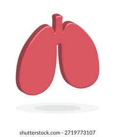 Ícone de pulmões humanos 3D. Órgão do Sistema Respiratório Vermelho Estilizado para Design de IU Médica e Conceito de Saúde. Anatomia Minimalista Isolada no Branco.