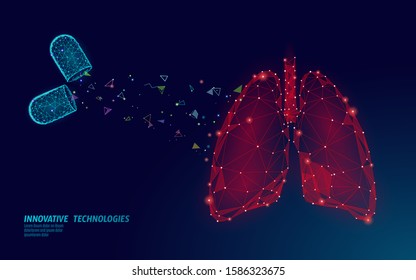 3D human lungs medicine treatment concept. Respiratory virus infection cancep danger. Pill capsule drug therapy tuberculosis hospital poster template vector illustration