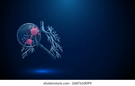 3d human lungs under a magnifying glass with a red tumor inside Pulmonary cancer diagnostics, oncology research, pathology investigation, biomedical study concept. Low poly digital futuristic. Vector.