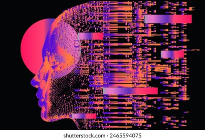 Perfil humano 3D hecho de píxeles holográficos y partículas sobre fondo oscuro. Ilustración vectorial conceptual de la identidad en la realidad virtual.