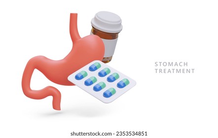3D human stomach, jar with pills, blister with capsules. Medicines for stomach. Care of gastrointestinal system. Medicinal aid to digestion. Composition on white background