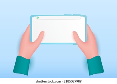 Un humano 3d con dos manos en la mano con un smartphone parado con una pantalla vacía en un fondo aislado. Ilustración vectorial 3d.