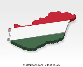 3D  Hungary map with flag. Three dimensional map of Hungary with shadow. Flag of Hungary on white background for your design, app, UI.  Stock vector. EPS10. 