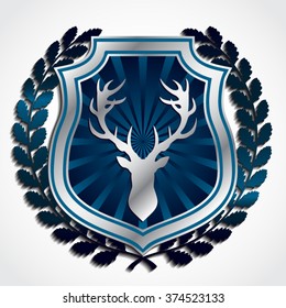 3d hunting theme symbol / blue metal laurel wreath shield and antlers / vector illustration