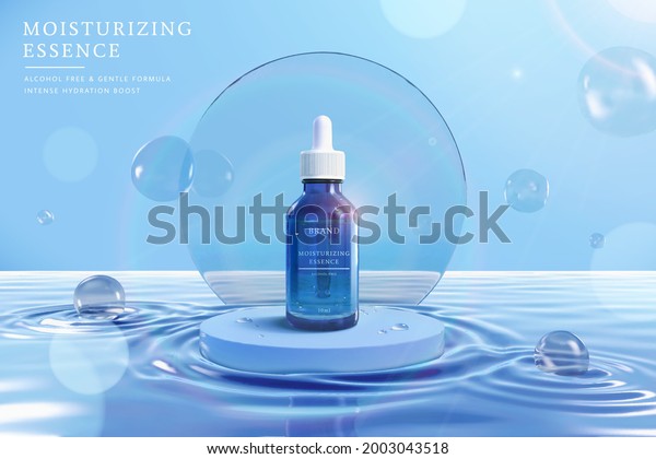 3d hydrating moisturizer banner ad.\
Illustration of a cosmetic droplet bottle displayed on the podium\
floating on the wavy ripple water\
background