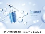 3d hydrating serum cosmetic ad template. Dropper bottle with light bokeh and crystal molecules. Concept of effective skincare formula.
