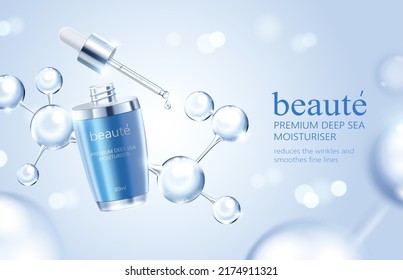 3d Hydrating Serum Cosmetic Ad Template. Dropper Bottle With Light Bokeh And Crystal Molecules. Concept Of Effective Skincare Formula.