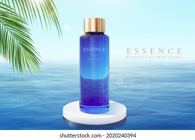 3d hydrating serum or toner ad template. Blue glass bottle mock-up set on round podium in the middle of blue ocean.