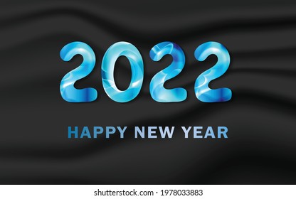 3D ice blue 2022 holiday decoration on grey background. Merry Christmas or happy new year design. Greeting vector card, banner, celebration concept with metallic bl ue text. Invitation mock up.