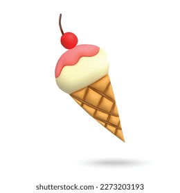3D ice cream cone on white background. Plasticine cartoon style icon. Vector illustration design. 