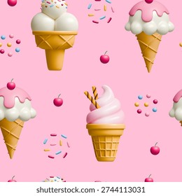 3d ice cream cone vector seamless pattern backgrond texture