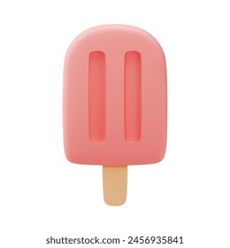 3D ice cream icon. Realistic illustration of a pink ice cream popsicle in a plastic cartoon style isolated on a white background. Vector 10 EPS.