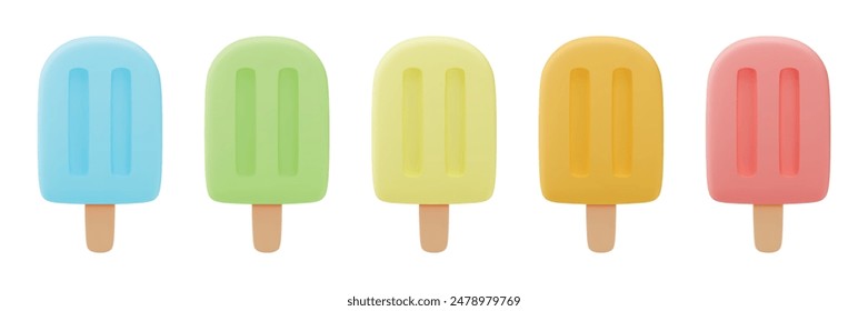 3D ice cream icon set. Collection of realistic illustrations of five colorful ice cream popsicles in a plastic cartoon style isolated on a white background. Vector 10 EPS.