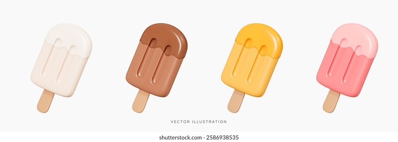 3D Ice cream on stick in different colors icon set. Popsicle chocolate, vanilla, strawberry and mango. Gelato emoji. Summer dessert. Cartoon design icons isolated on white. 3D Vector illustration